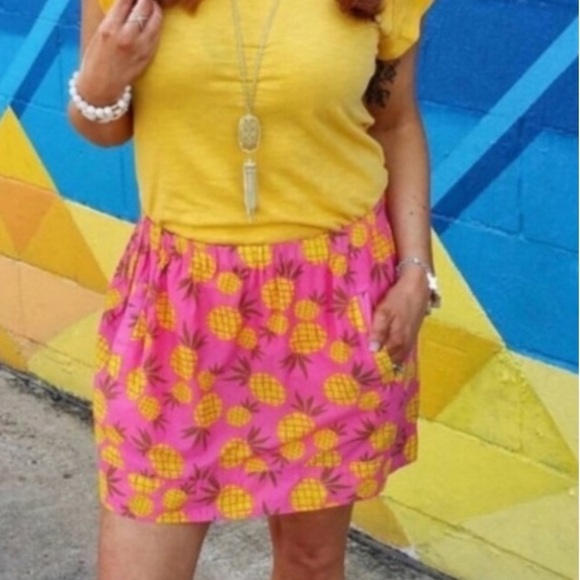 NWT J Crew Pink & Yellow Pineapple Skirt with Pockets - Picture 1 of 6